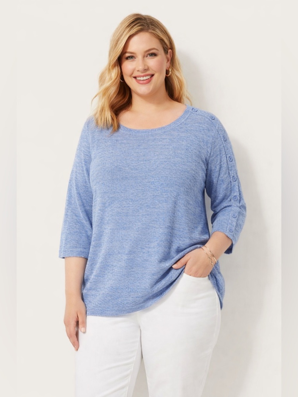 Talbots Plus 3X Blue Heathered Sweater Knit Top Button Sleeve 3/4 Sleeve Coastal